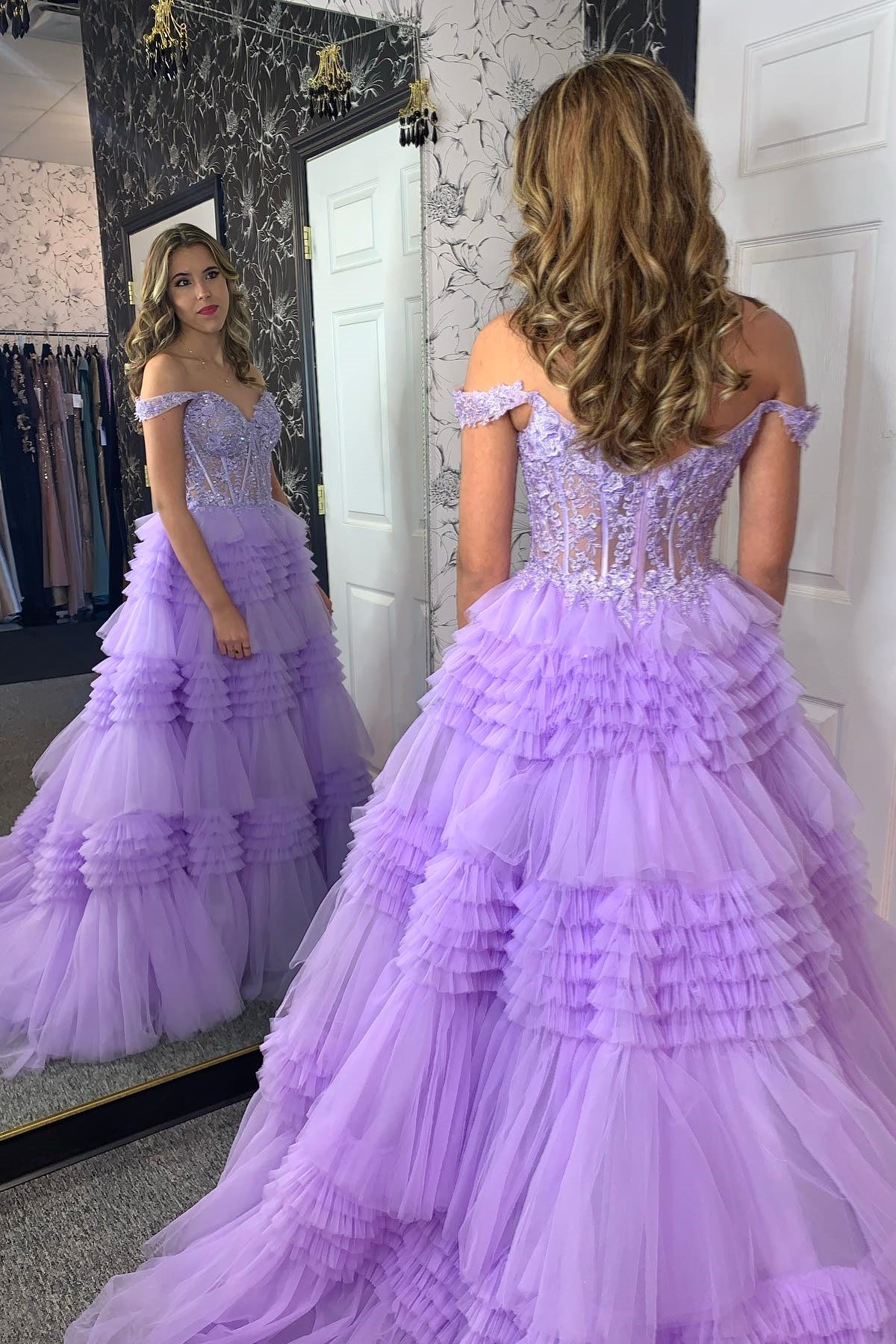 Lavender Off-Shoulder Floral A-line Layers Long Prom Dress