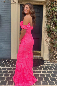 Hot Pink Plunging Off-Shoulder Mermaid Lace Long Prom Dress