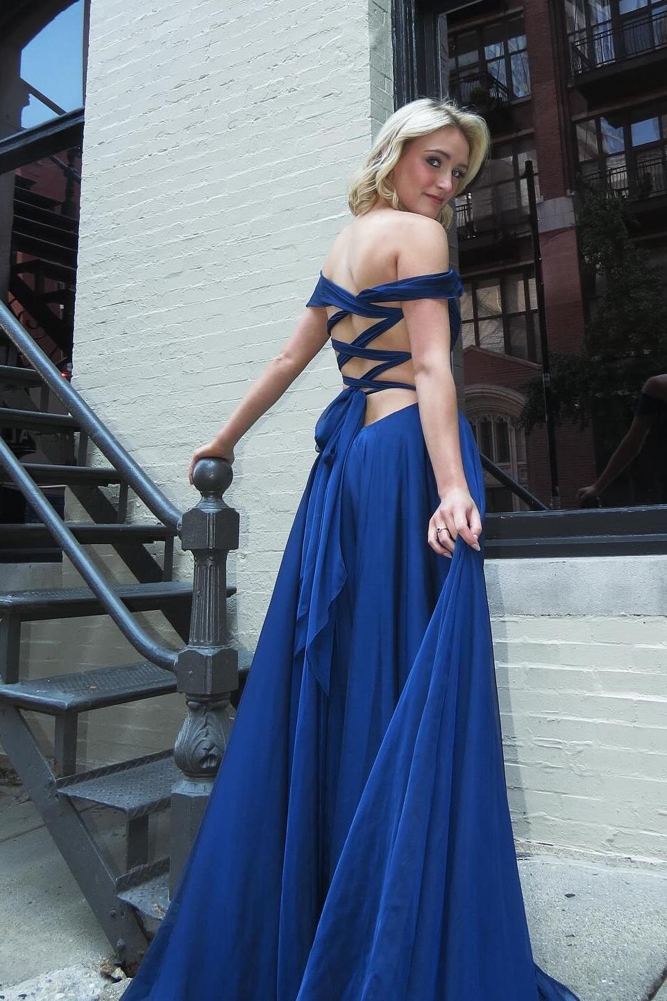Off the Shoulder Navy Blue Chiffon A-line Long Formal Dress