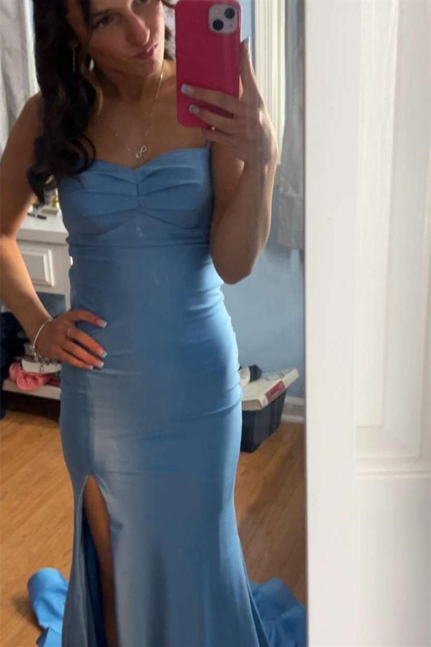 Light Blue Spaghetti Strap Mermaid Prom Dress with Slit