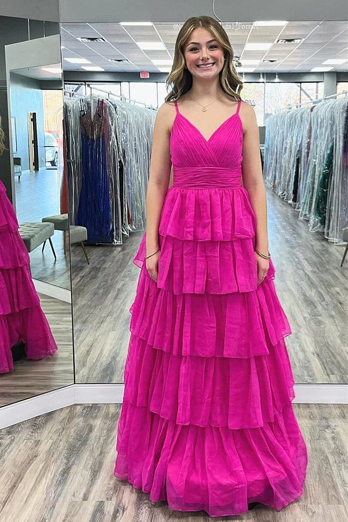 Fuchsia Spaghetti Straps Layers A-line Long Prom Dress