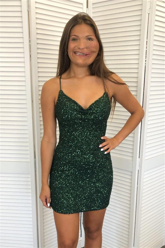 Hunter Green Sequins Lace-Up V Neck Homecoming Dress