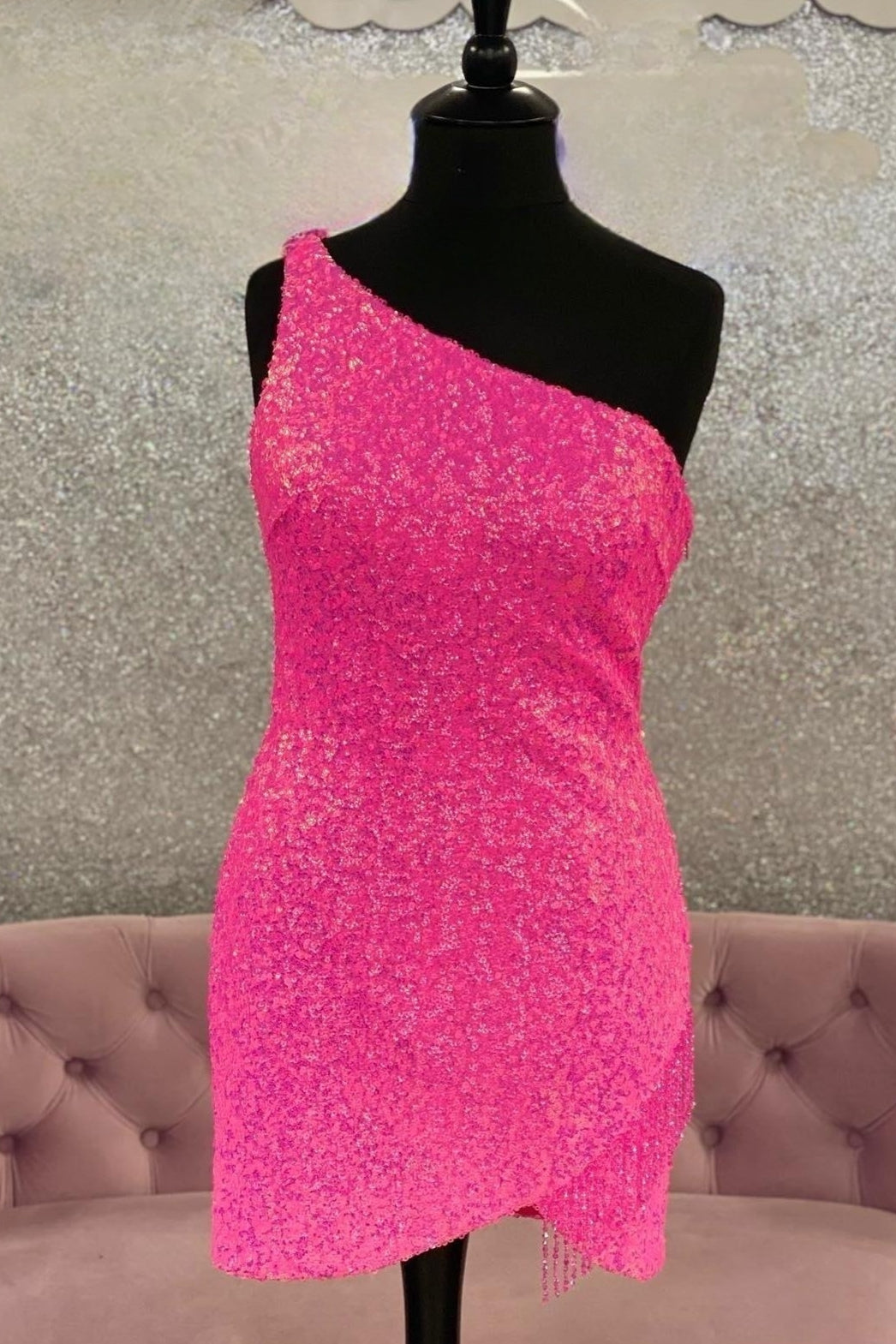 Hot Pink One Shoulder Sequins Straps Sheath Homecoming Dress with Tassels