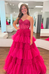 Fuchsia Multi-Layers Strapless Appliques A-line Tulle Long Prom Dress