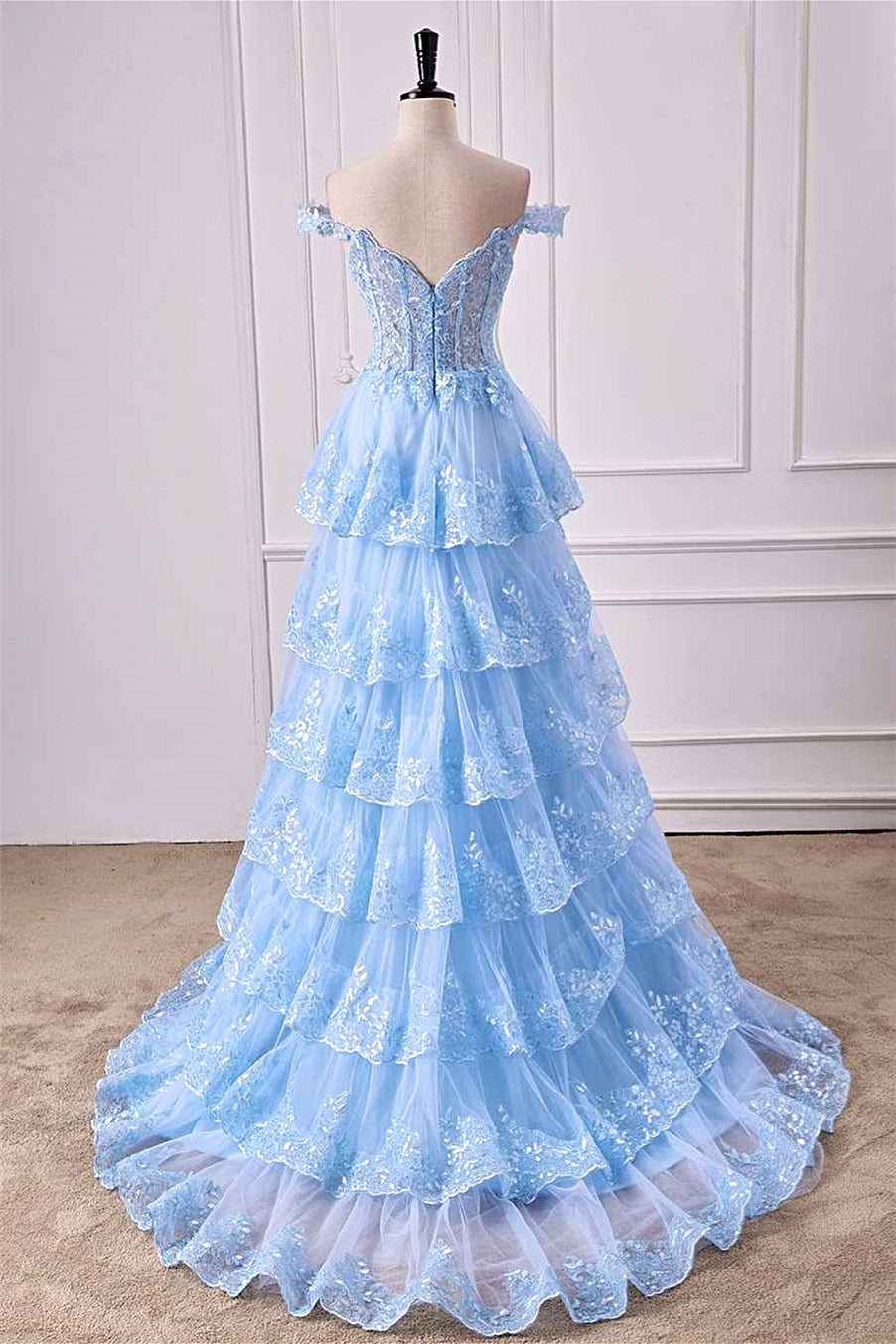 Light Blue Off-Shoulder Floral Sequined Layers Long Prom Dress with Slit