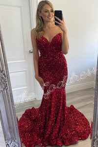 Red Strapless Lace-Up Mermaid Sequins Long Prom Dress