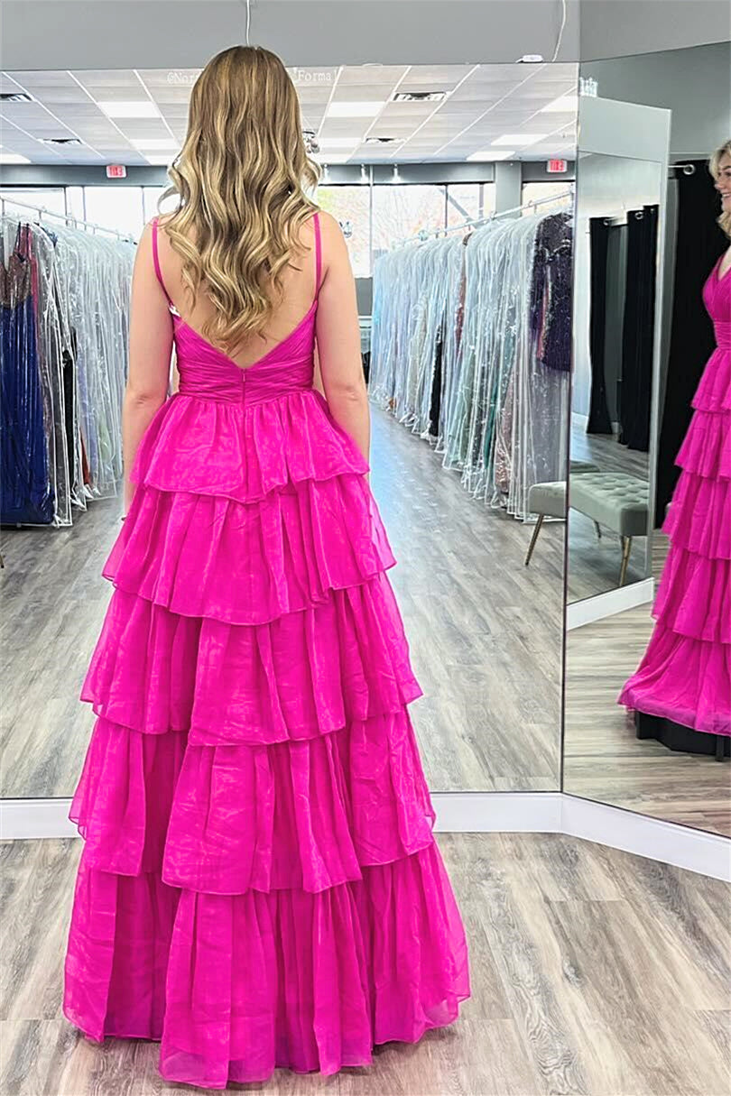 Fuchsia Spaghetti Straps Layers A-line Long Prom Dress