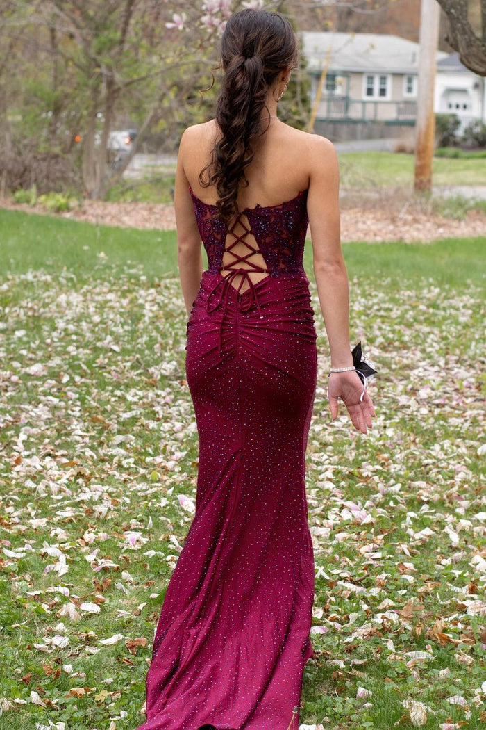 Burgundy Mermaid Strapless Beaded Appliques Lace-Up Long Prom Dress