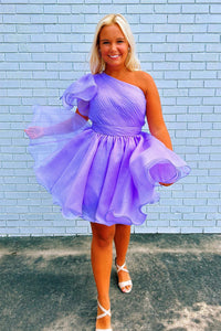Lavender One Shoulder Ruffled A-line Tulle Homecoming Dress