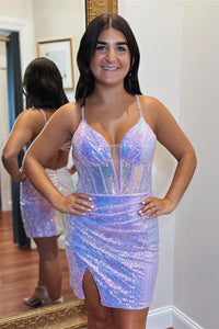 Lavender Lace-Up Plunging V Neck Sequins Sheath Homecoming Dress