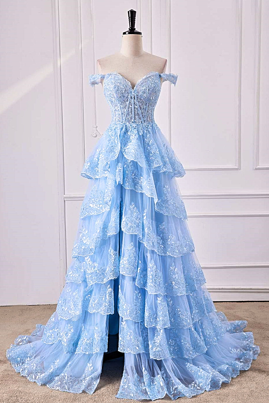 Light Blue Off-Shoulder Floral Sequined Layers Long Prom Dress with Slit