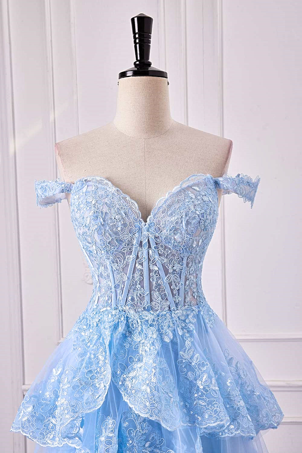 Light Blue Off-Shoulder Floral Sequined Layers Long Prom Dress with Slit