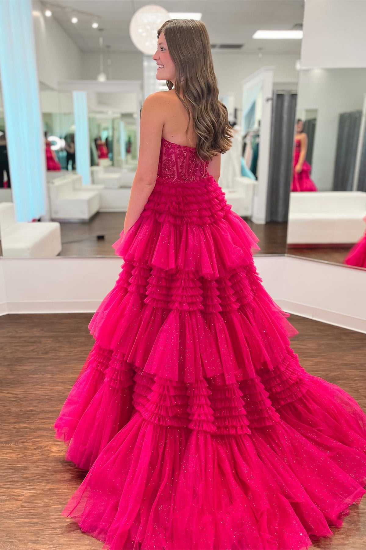 Fuchsia Multi-Layers Strapless Appliques A-line Tulle Long Prom Dress