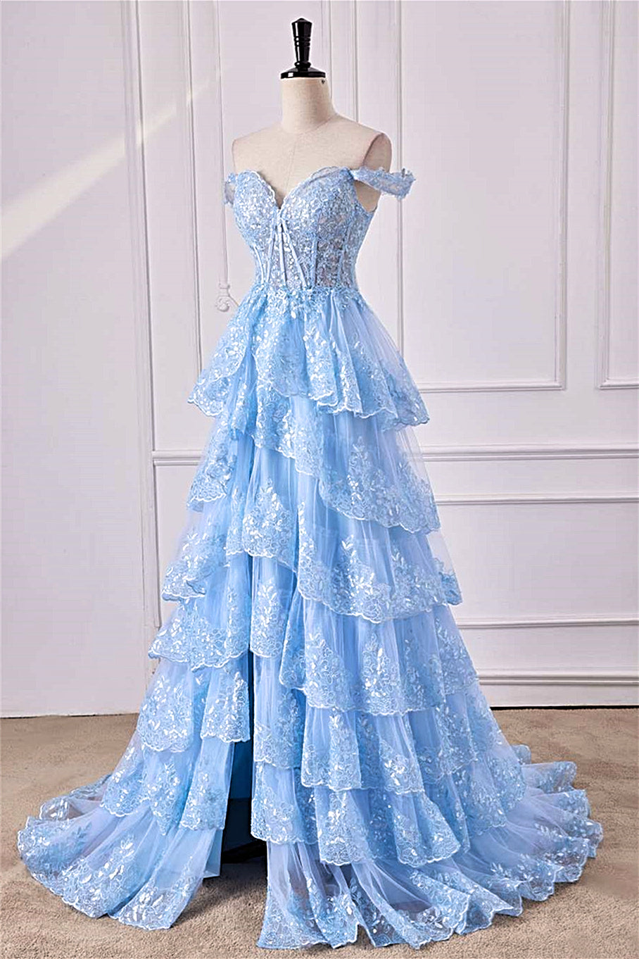 Light Blue Off-Shoulder Floral Sequined Layers Long Prom Dress with Slit