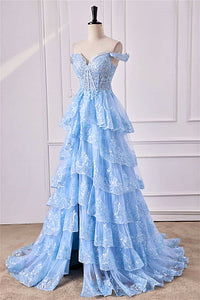 Light Blue Off-Shoulder Floral Sequined Layers Long Prom Dress with Slit