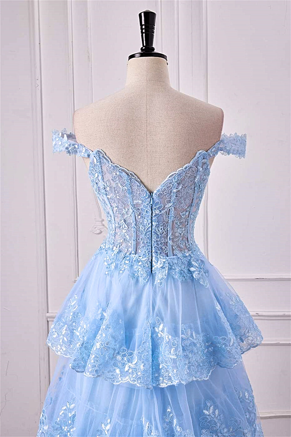 Light Blue Off-Shoulder Floral Sequined Layers Long Prom Dress with Slit