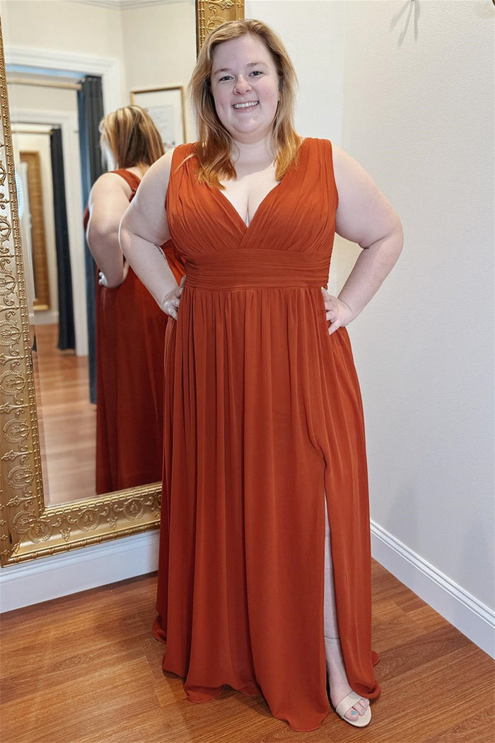 Rust Orange Deep V Neck Chiffon Long Bridesmaid Dress with Slit