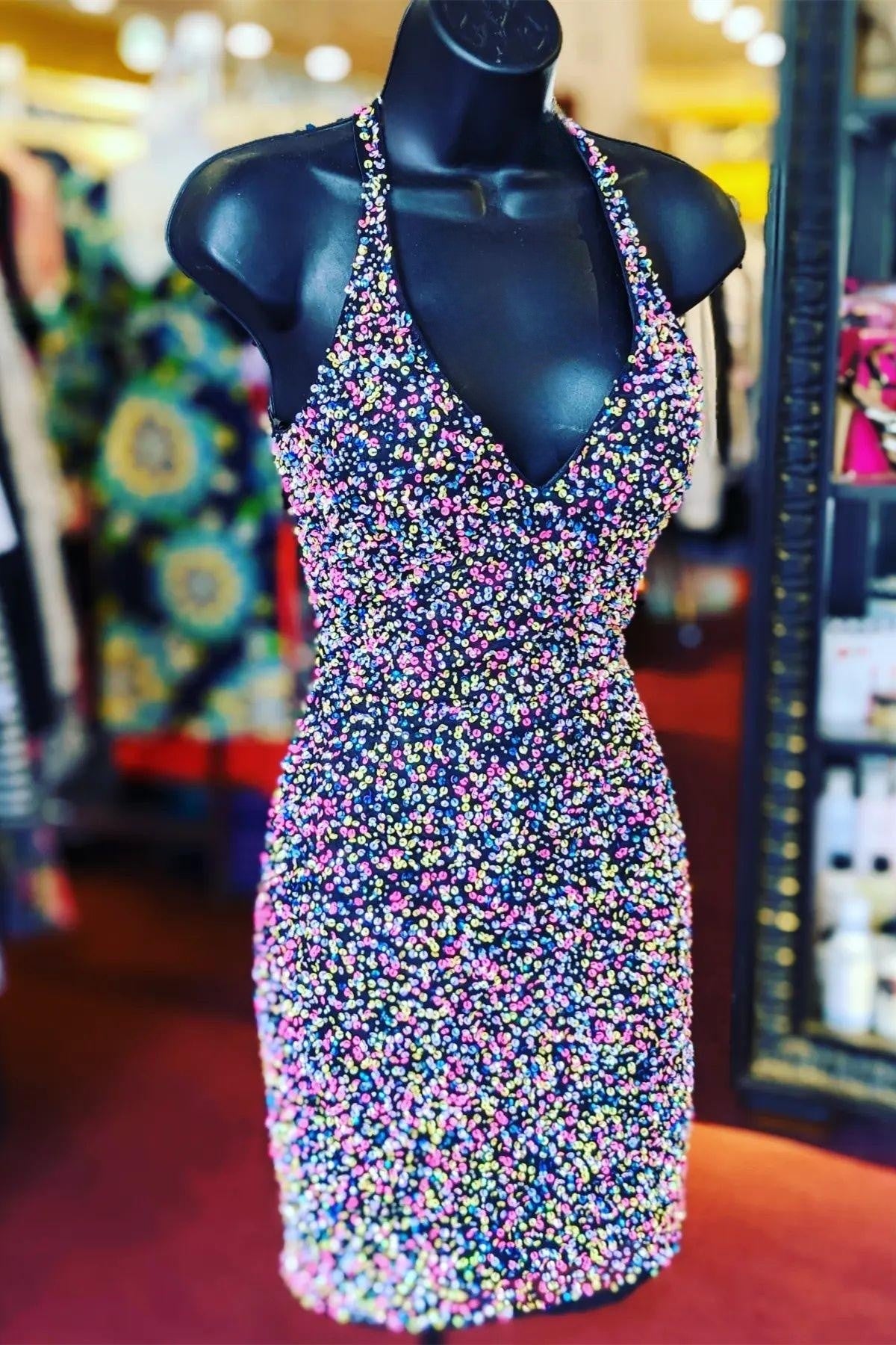 Multi-Color Sequins Deep V Neck Sheath Homecoming Dress