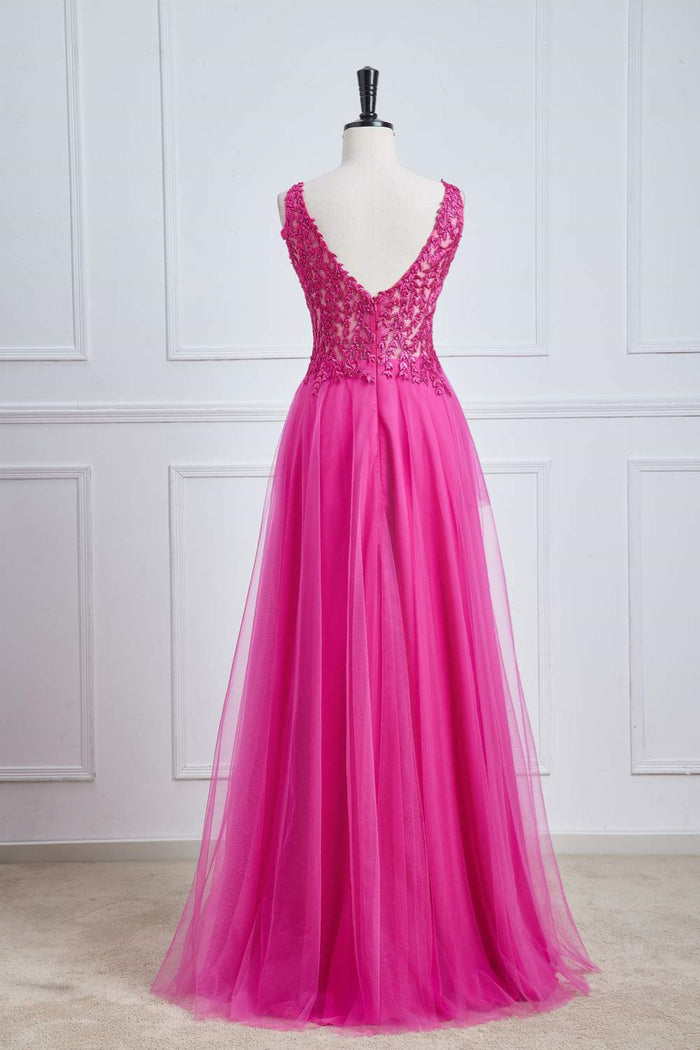 Fuchsia Plunging V Appliques A-line Long Prom Dress