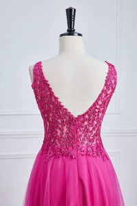 Fuchsia Plunging V Appliques A-line Long Prom Dress