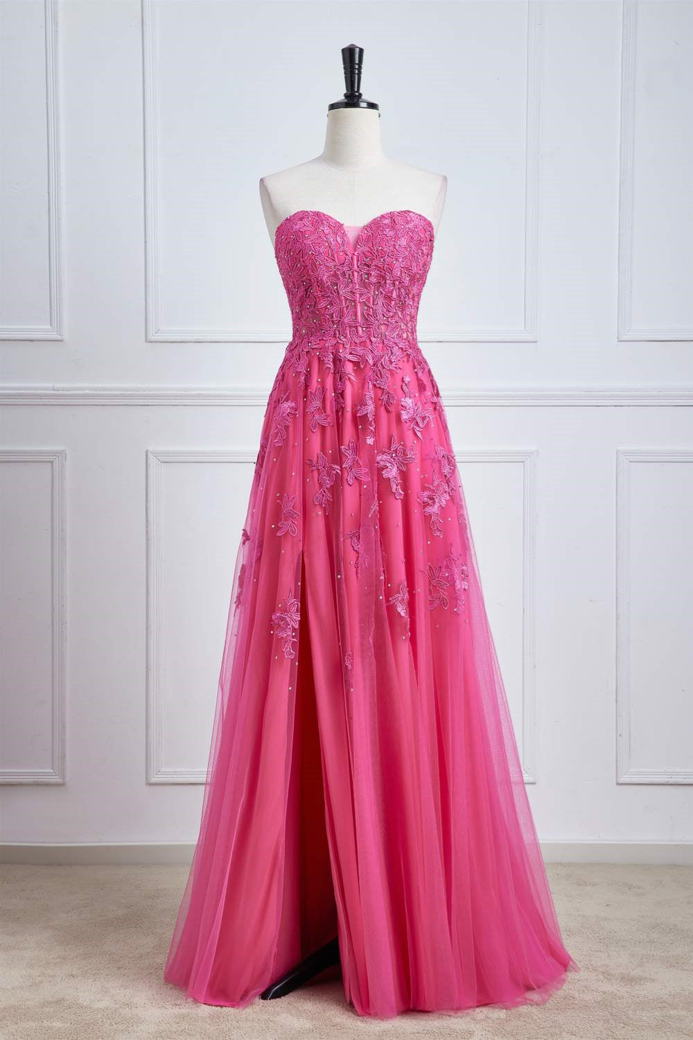 Hot Pink Strapless Appliques A-line Long Prom Dress with Slit