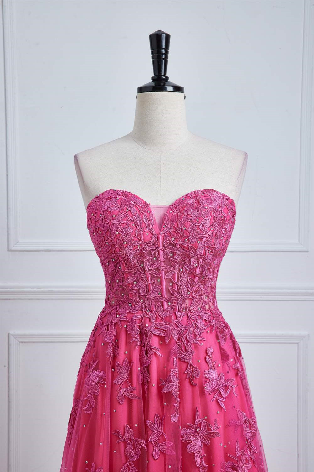 Hot Pink Strapless Appliques A-line Long Prom Dress with Slit