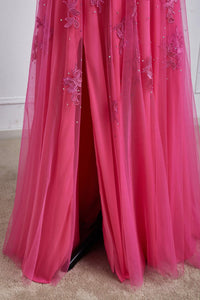 Hot Pink Strapless Appliques A-line Long Prom Dress with Slit