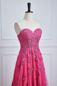 Hot Pink Strapless Appliques A-line Long Prom Dress with Slit