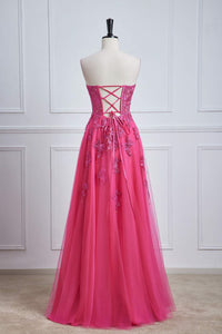 Hot Pink Strapless Appliques A-line Long Prom Dress with Slit