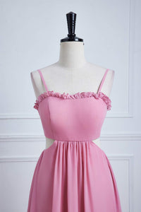 Pink Bow Tie Back Spaghetti Straps Ruffled A-line Bridesmaid Dress