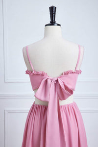 Pink Bow Tie Back Spaghetti Straps Ruffled A-line Bridesmaid Dress