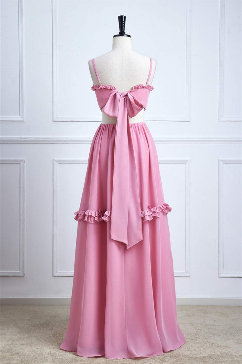 Pink Bow Tie Back Spaghetti Straps Ruffled A-line Bridesmaid Dress
