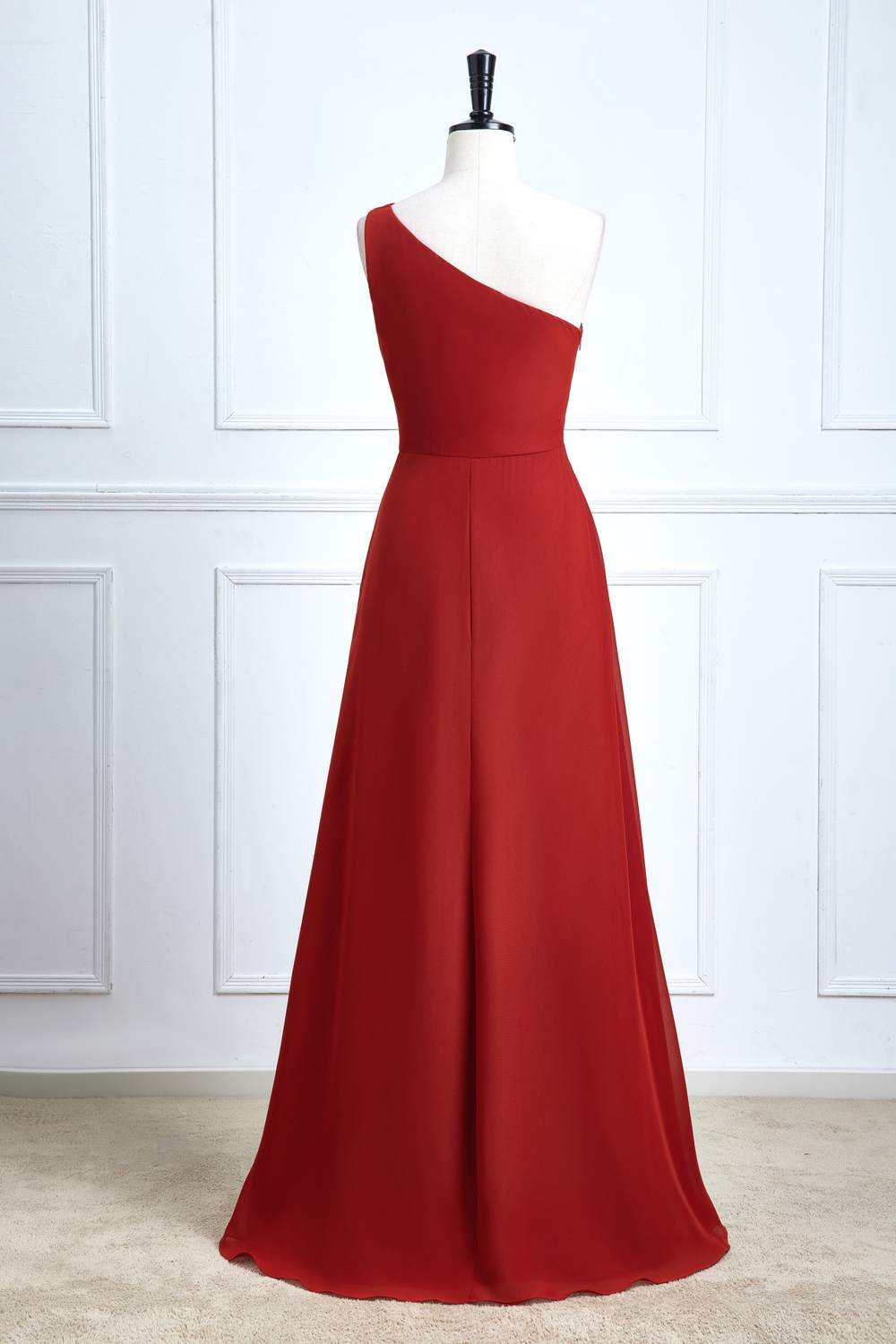 Rust One Shoulder A-line Chiffon Long Bridesmaid Dress with Slit