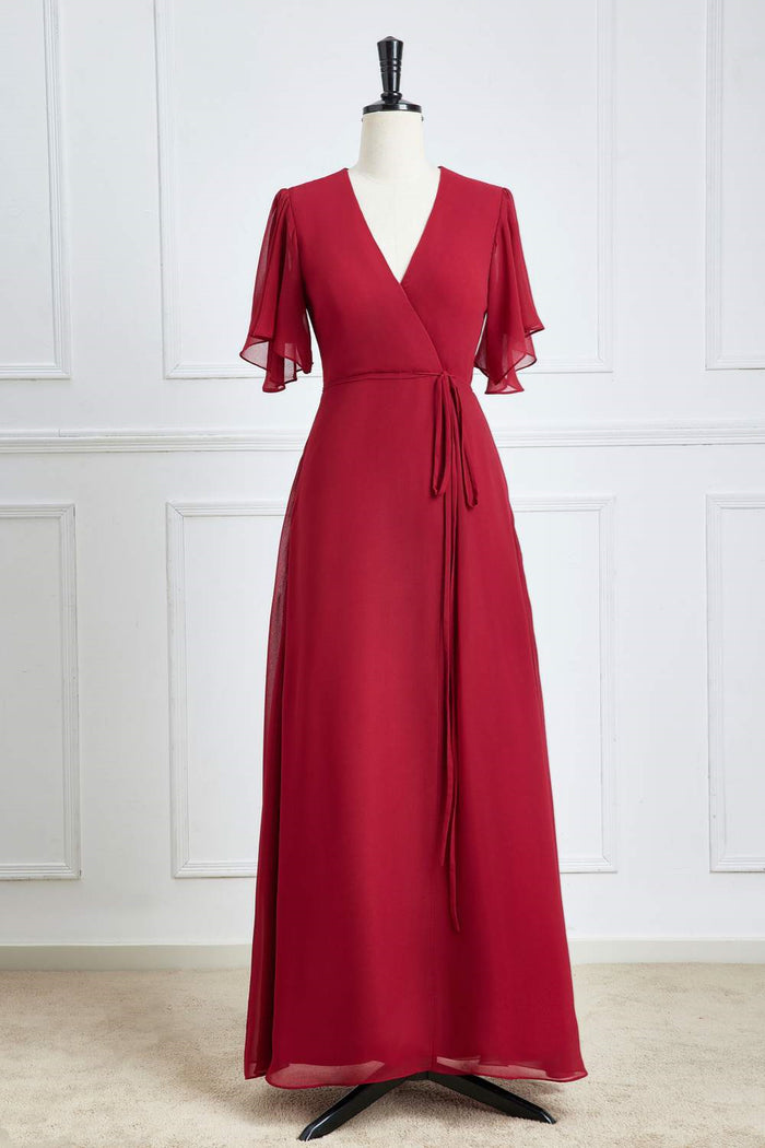 Wine Red Surplice Flaunt Sleeves A-line Long Bridesmaid Dress