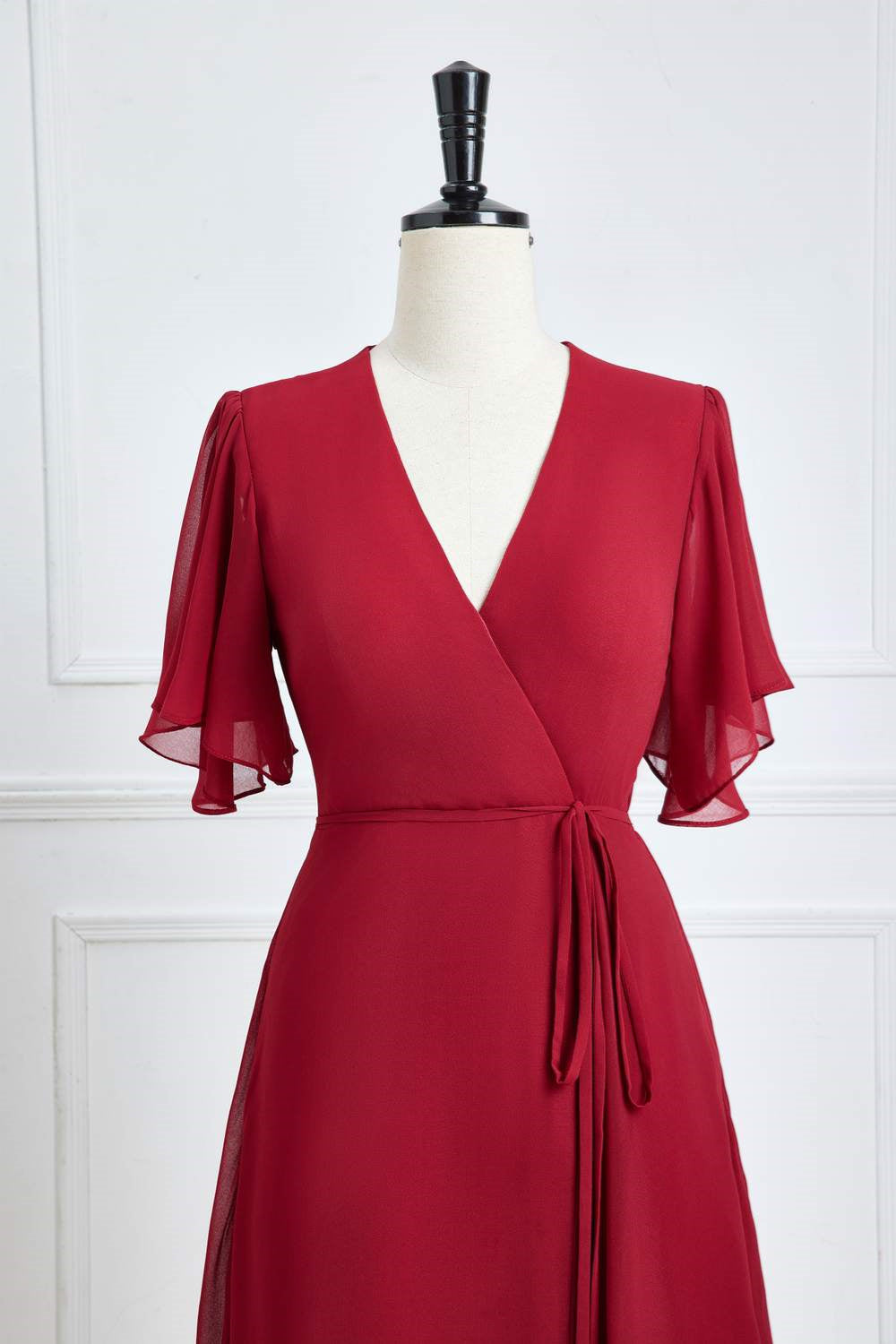 Wine Red Surplice Flaunt Sleeves A-line Long Bridesmaid Dress