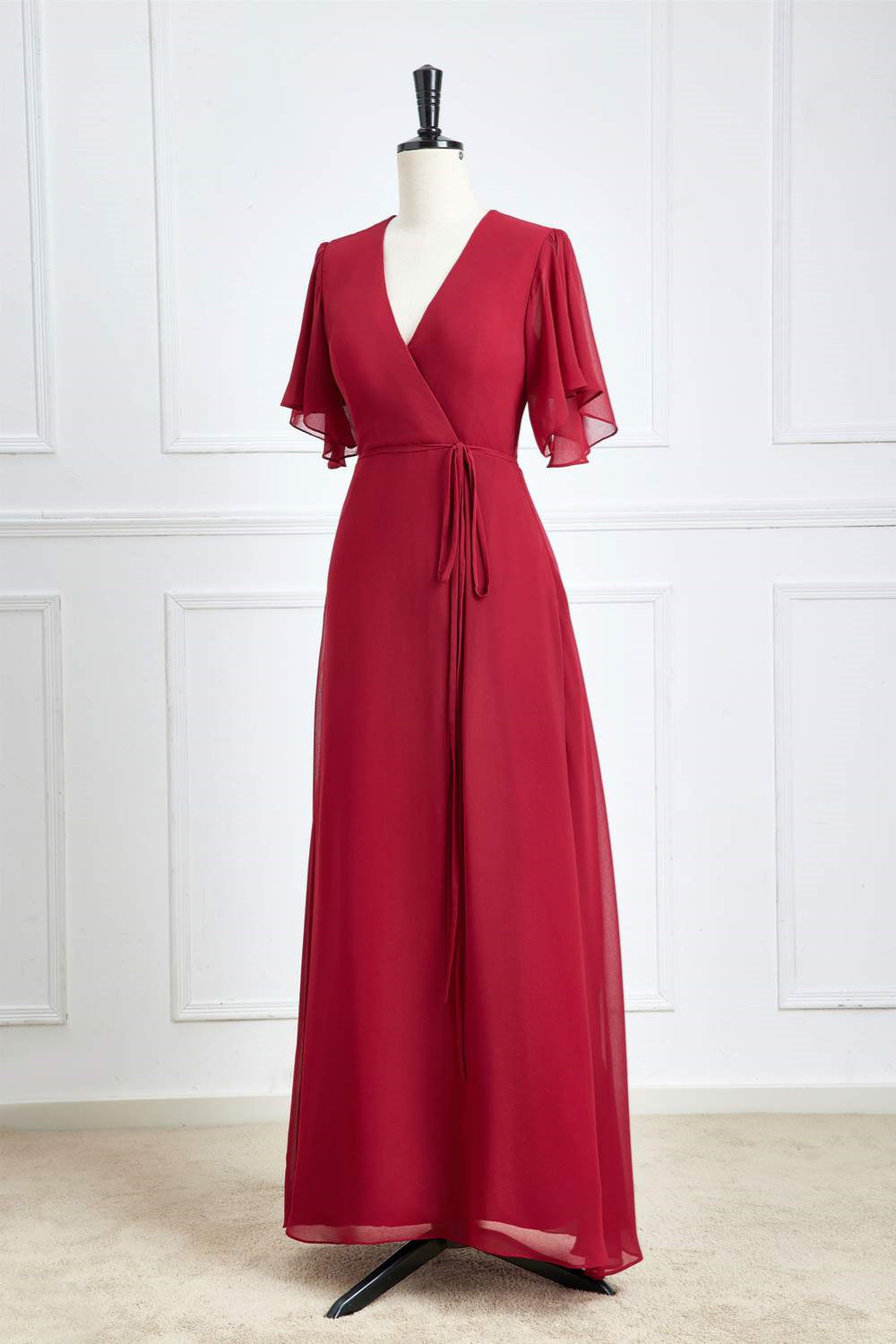 Wine Red Surplice Flaunt Sleeves A-line Long Bridesmaid Dress