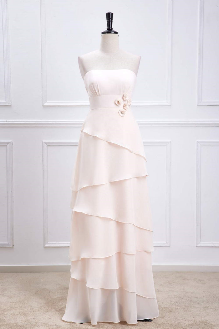 Pink Strapless 3D Flowers Layers A-line Long Bridesmaid Dress