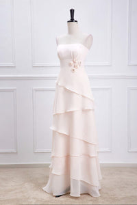 Pink Strapless 3D Flowers Layers A-line Long Bridesmaid Dress
