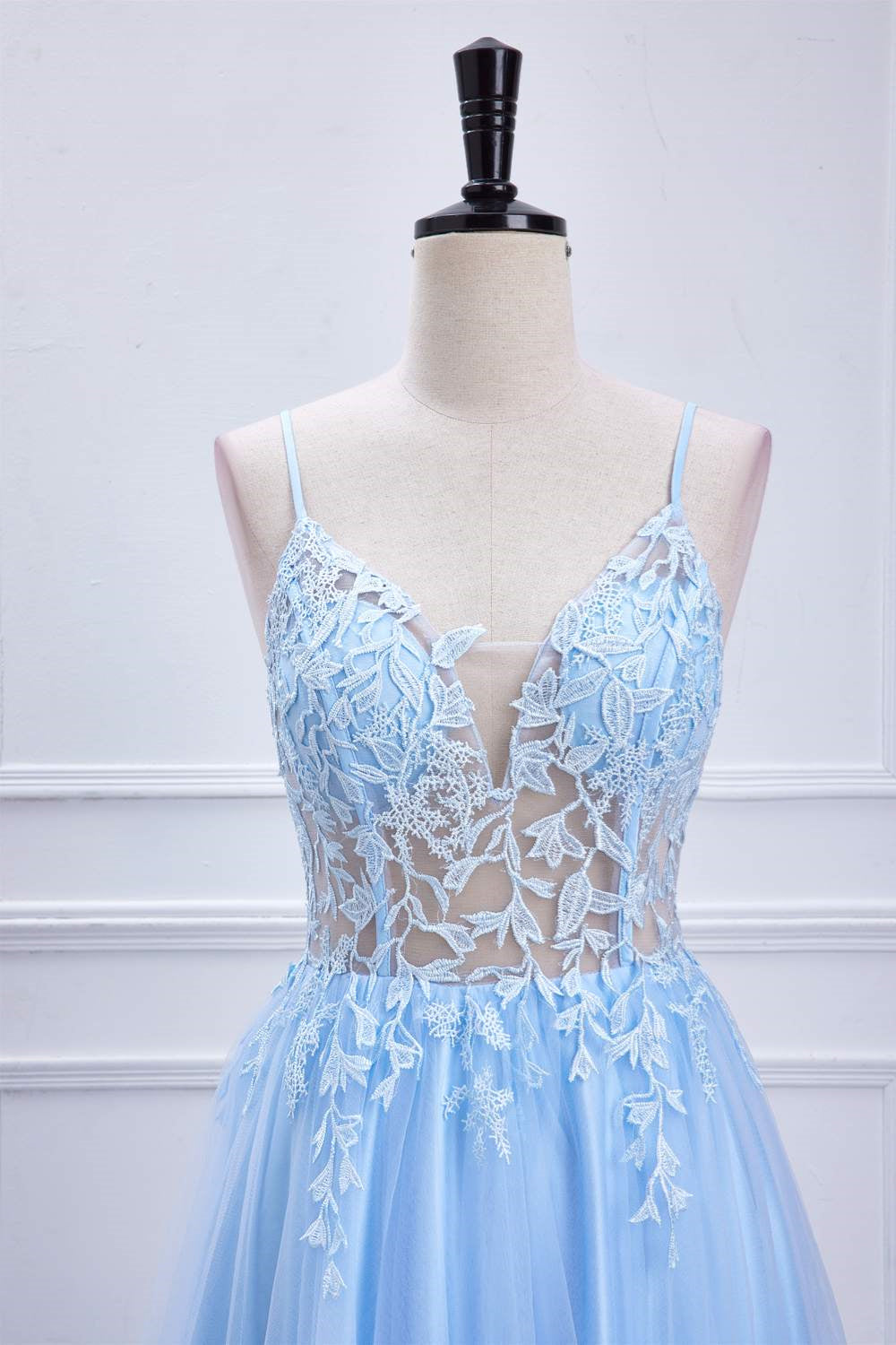 Light Blue Lace-Up Appliques A-line Tulle Long Prom Dress