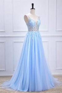 Light Blue Lace-Up Appliques A-line Tulle Long Prom Dress