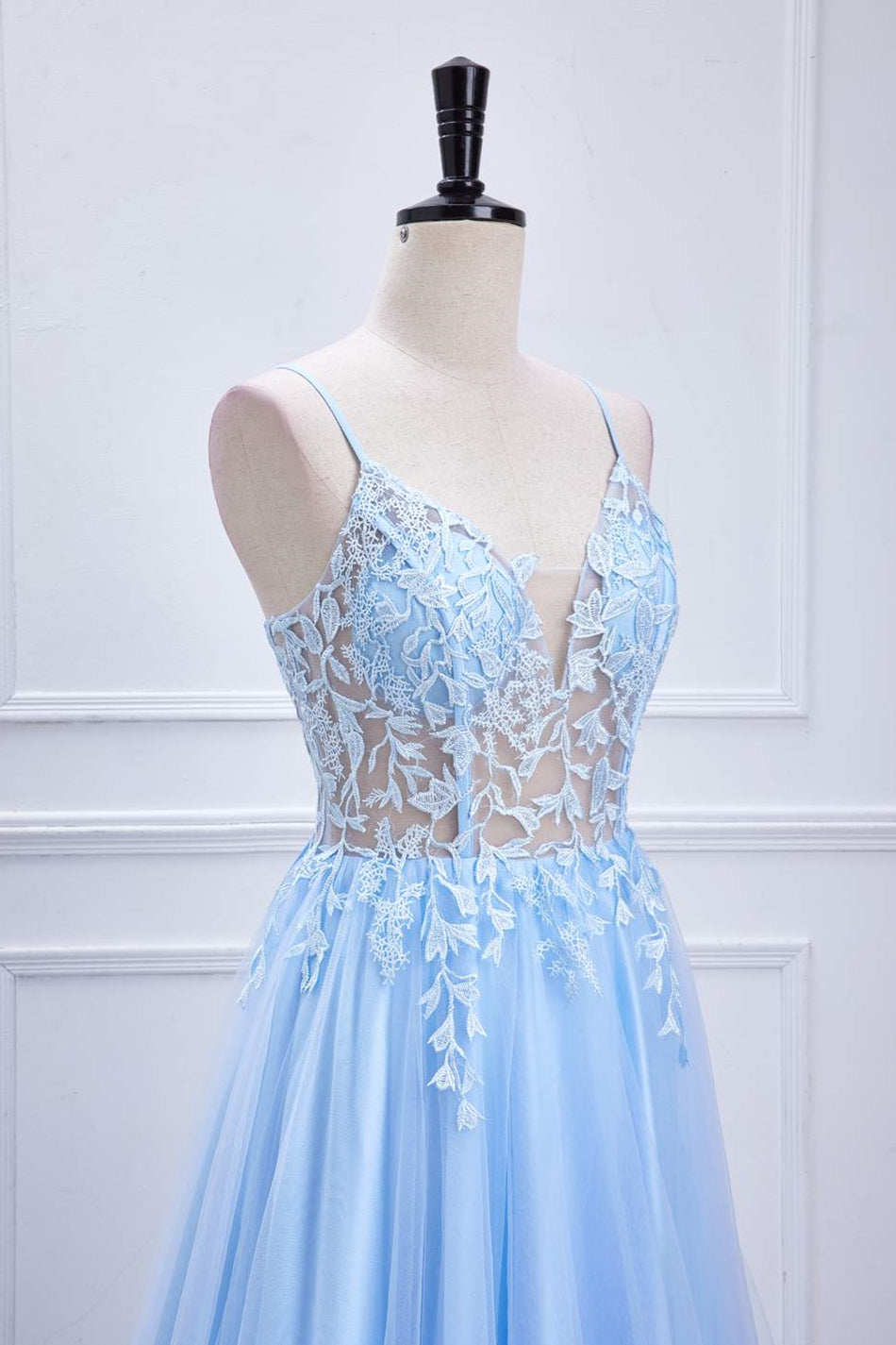 Light Blue Lace-Up Appliques A-line Tulle Long Prom Dress