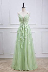 Sage Green Plunging V Lace-Up Appliques A-line Long Prom Dress