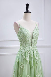 Sage Green Plunging V Lace-Up Appliques A-line Long Prom Dress