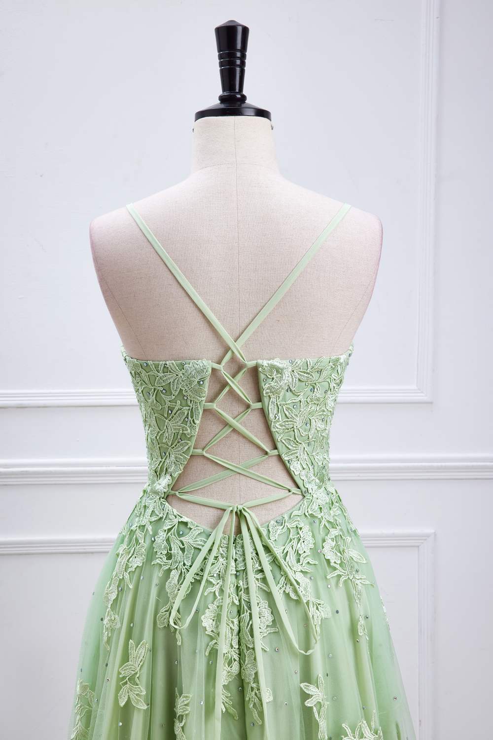 Sage Green Plunging V Lace-Up Appliques A-line Long Prom Dress