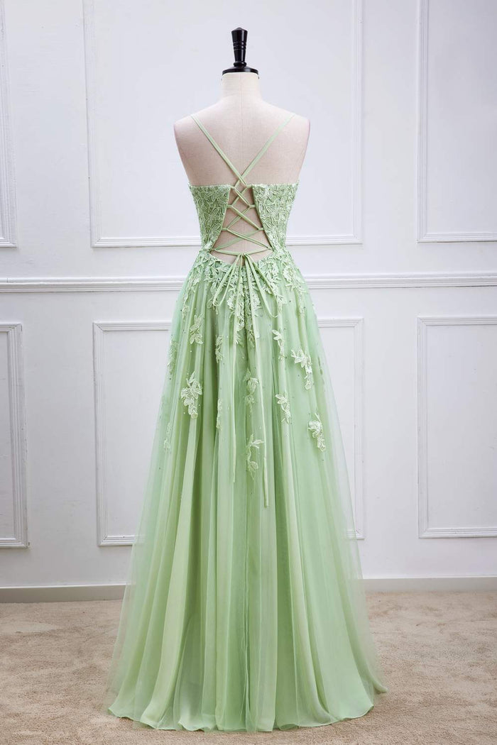 Sage Green Plunging V Lace-Up Appliques A-line Long Prom Dress