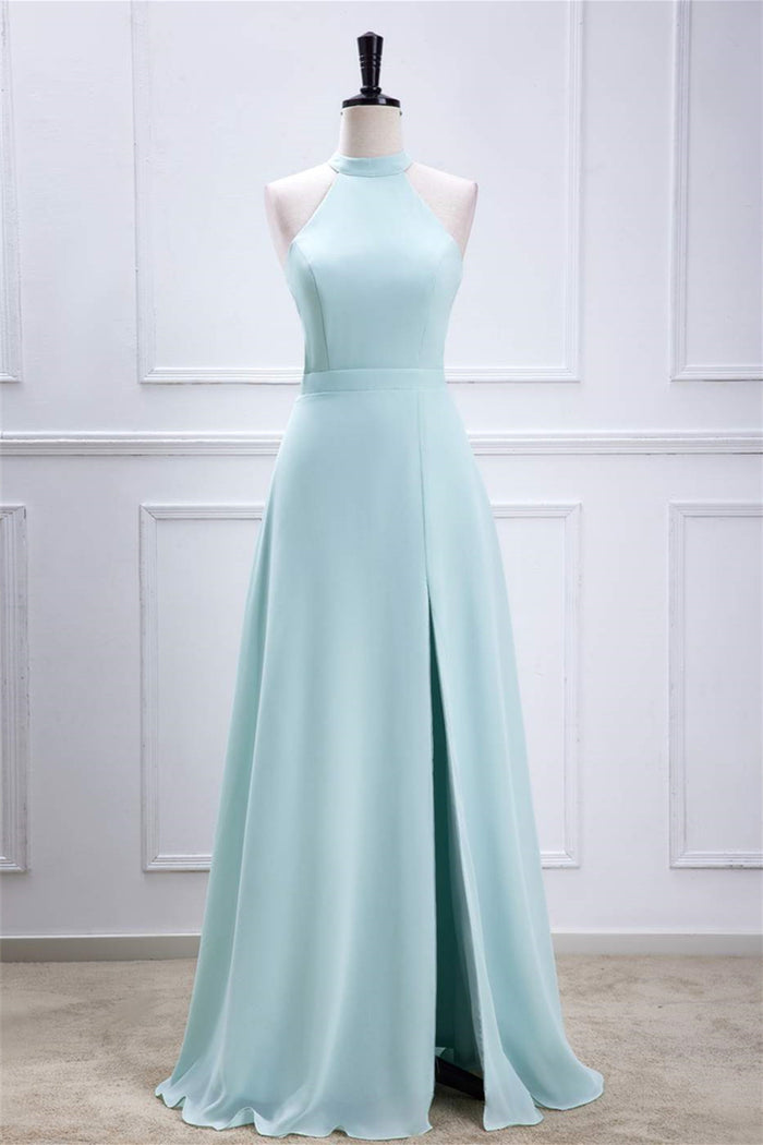 Blue Halter A-line Chiffon Long Bridesmaid Dress with Slit