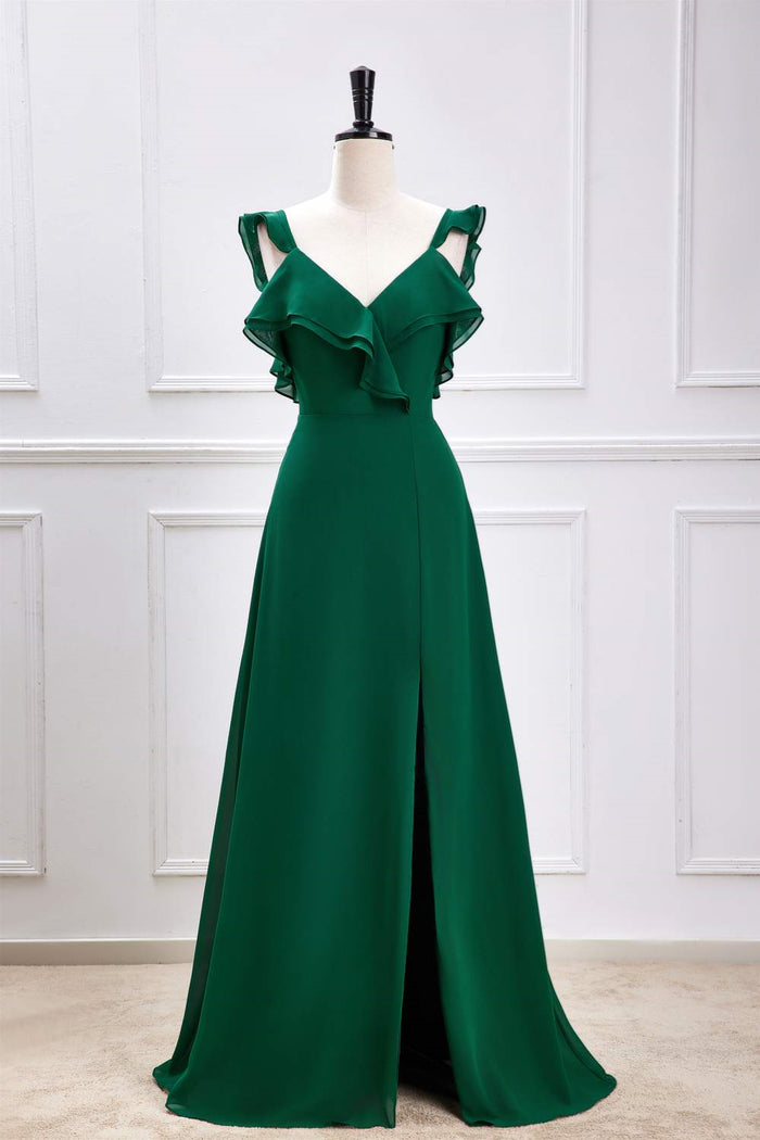 Green Flutter Sleeves Ruffled A-line Long Bridesmaid Dress with Slit