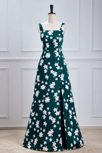 Green Floral A-line Satin Long Bridesmaid Dress with Slit