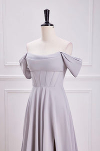 Grey Off-Shoulder A-line Long Bridesmaid Dress with Slit