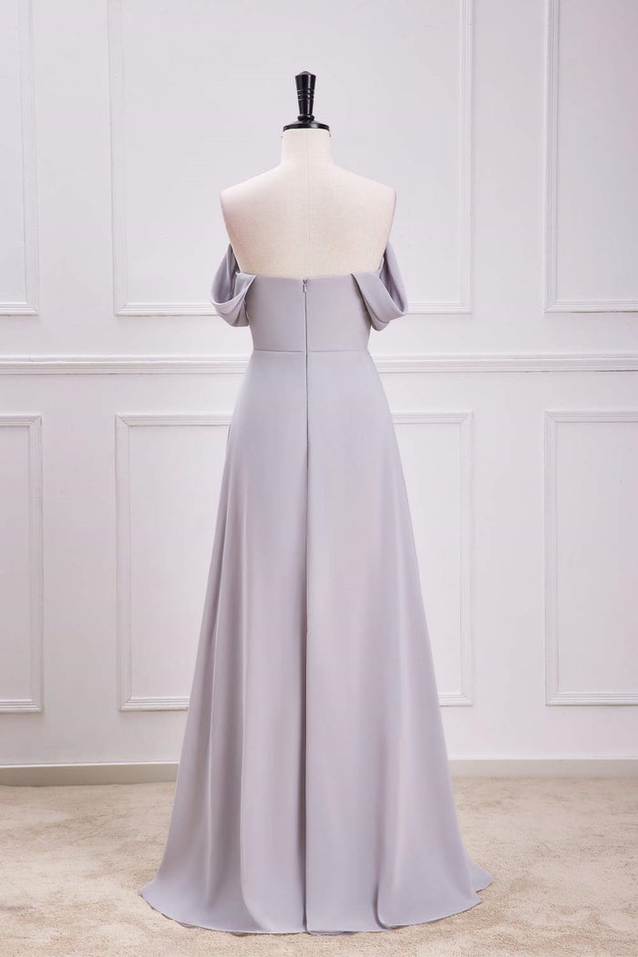 Grey Off-Shoulder A-line Long Bridesmaid Dress with Slit